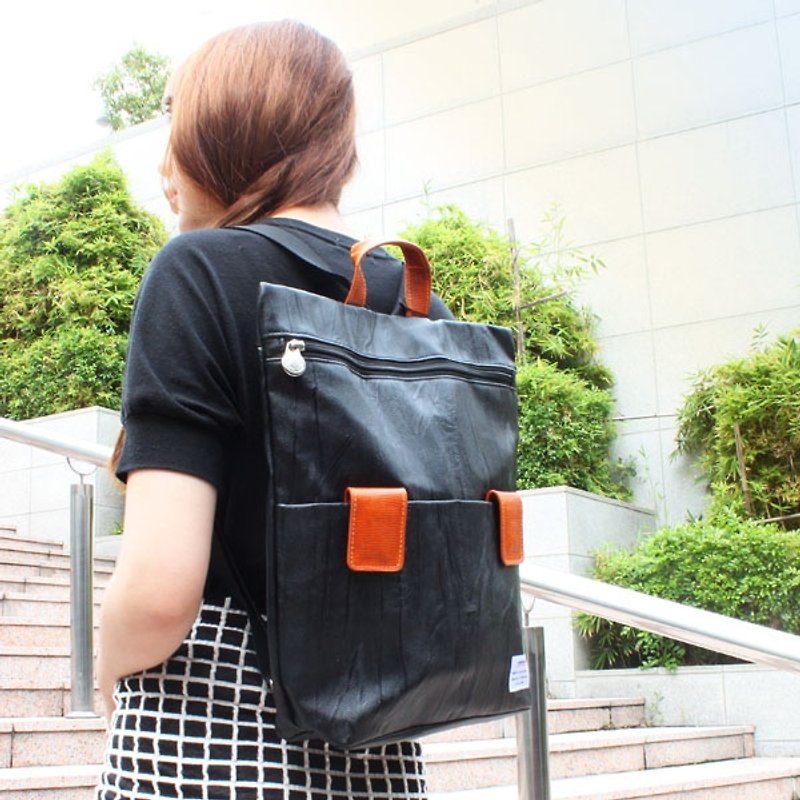 AMINAH-Magnetic Buckle Double Pocket Black Backpack【am-0247】 - Backpacks - Faux Leather Black