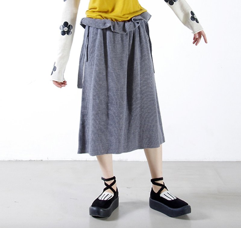 Wool gray straight package hip skirt lotus leaf waist - imakokoni - กระโปรง - ขนแกะ สีเทา