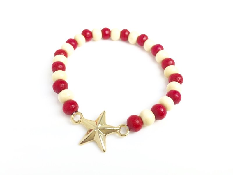 「紅白雙色木珠 x 金色星星吊飾」 - 手鍊/手環 - 其他材質 紅色