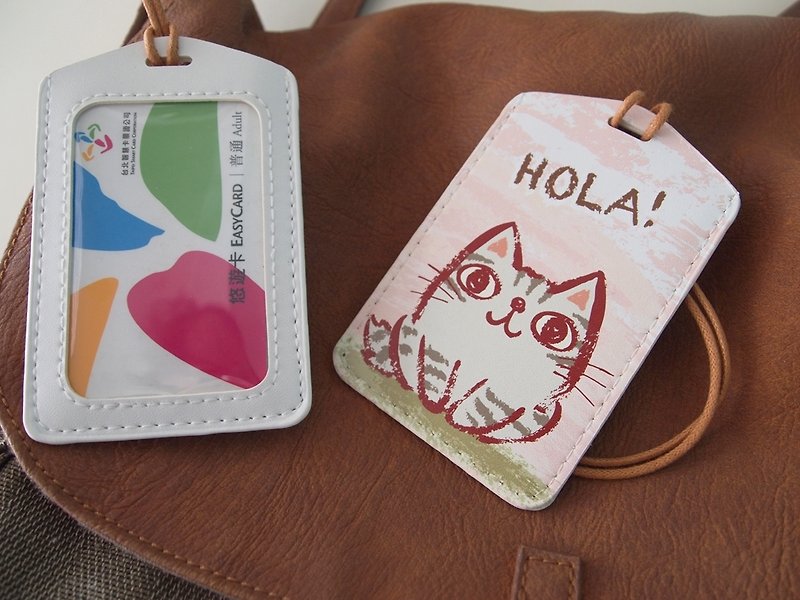 Multi-function card holder key ring-Hola! Little Gray Cat - ID & Badge Holders - Faux Leather 