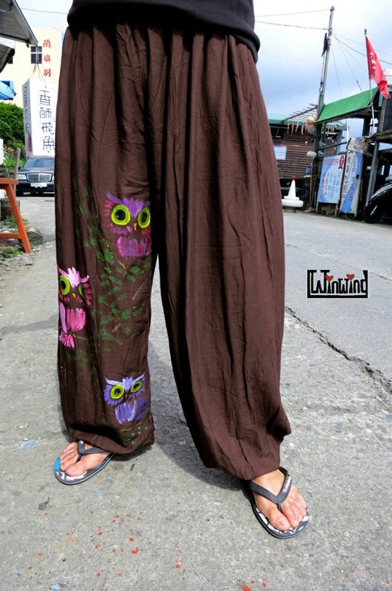 Hand-dyed cotton Linen pants painted jungle owl (neutral models / trousers / pants) - Women's Shorts - Cotton & Hemp 