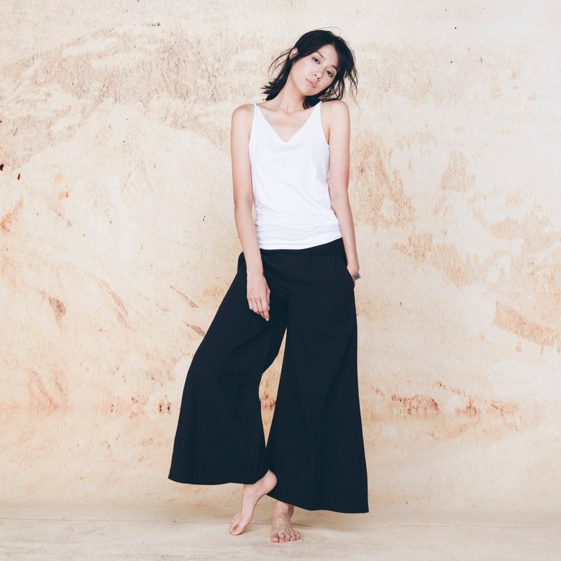 Handmade cotton wide pants - black - กางเกงขายาว - ผ้าฝ้าย/ผ้าลินิน สีดำ