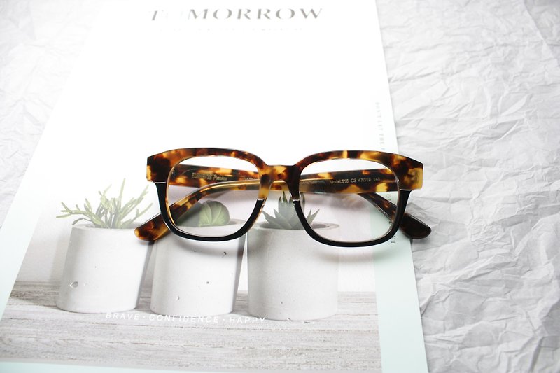515-C2 Rectangle Yellow Tortoise eyeglasses 7 barrel hinge Handmade in Japan - Glasses & Frames - Other Materials Brown