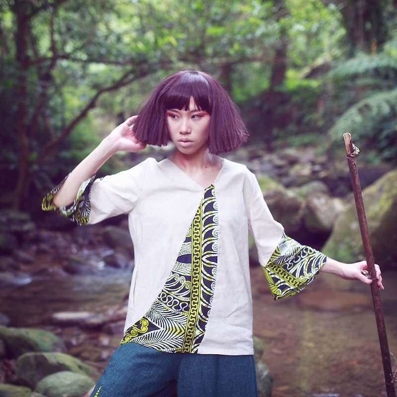 虫师 - Cotton and linen stitching African flower cloth open sleeve top - เสื้อผู้หญิง - กระดาษ สีเขียว