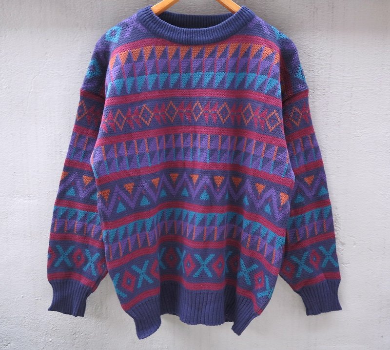 FOAK古著 彩色藍紫幾何毛衣 - ニット・セーター メンズ - その他の素材 多色