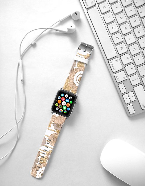 Freshion Apple Watch Series 1 , Series 2, Series 3 - Apple Watch 真皮手錶帶，適用於Apple Watch 及 Apple Watch Sport - Freshion 香港原創設計師品牌 - 米色玫瑰花紋 cr13