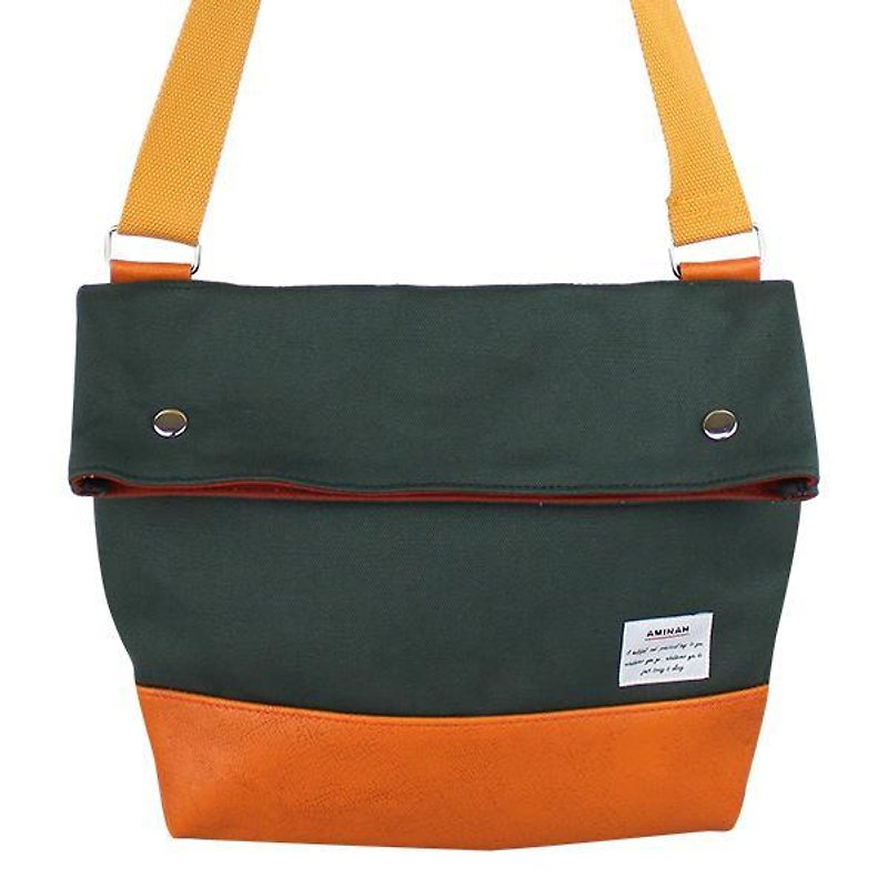 AMINAH-Dark Green Canvas Side Backpack【am-0272】 - กระเป๋าแมสเซนเจอร์ - ผ้าฝ้าย/ผ้าลินิน สีเขียว