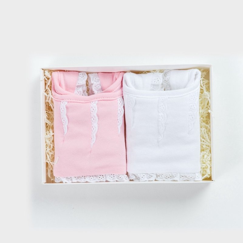 美國Frenchie MC 女嬰禮盒 - 小公主蕾絲圍兜2件 - 滿月禮物 - 棉．麻 粉紅色