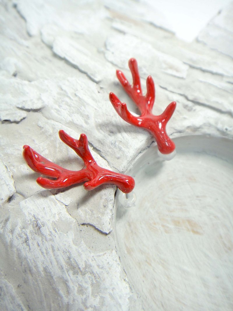 TIMBEE LO bright red elk horn earrings - Earrings & Clip-ons - Other Metals Red