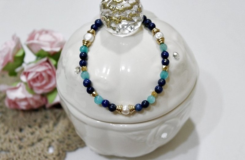 Natural stone x brass buckle bracelet _ cyan / / can change the elastic bracelet / / - Bracelets - Gemstone Blue