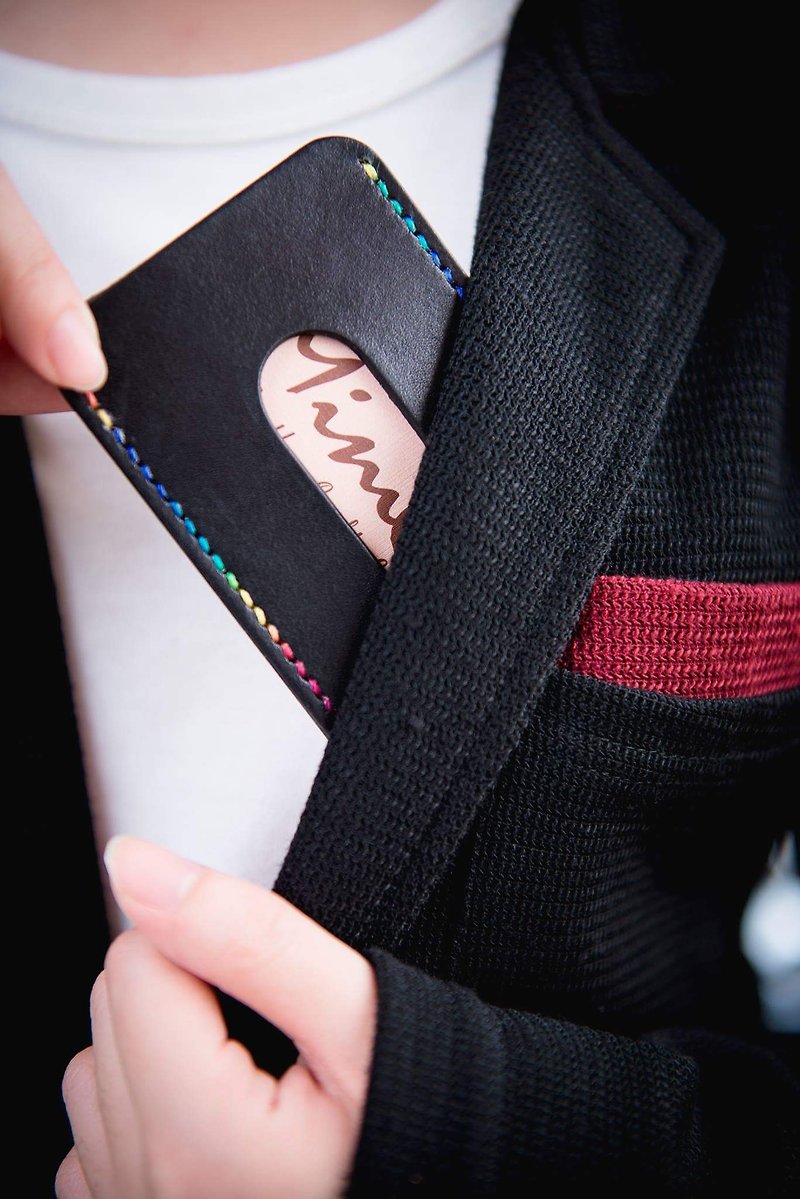 Exclusive- [Mini5]手縫い名刺ホルダー（ブラック） - 名刺入れ・カードケース - 革 ブラック