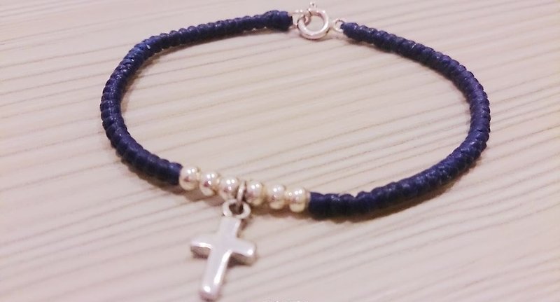 臘繩手鍊 純銀手鍊 幸運繩手鍊 十字架 深藍色 - 手鍊/手環 - 其他材質 藍色
