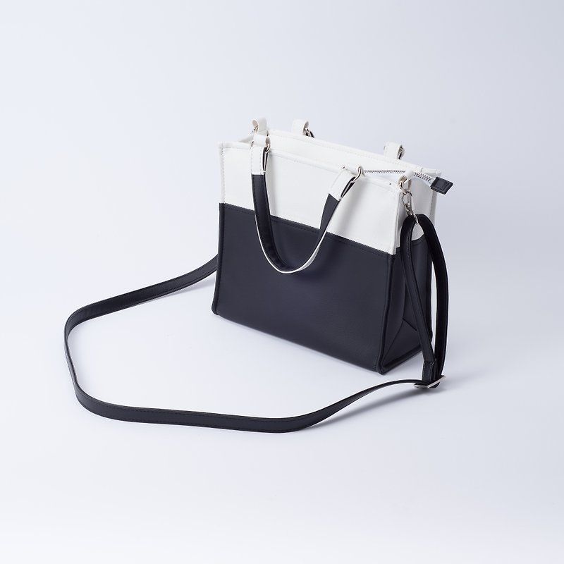 Color-blocked bag in paper bag shape, hand-held, shoulder-carrying, white x black - Messenger Bags & Sling Bags - Faux Leather Black