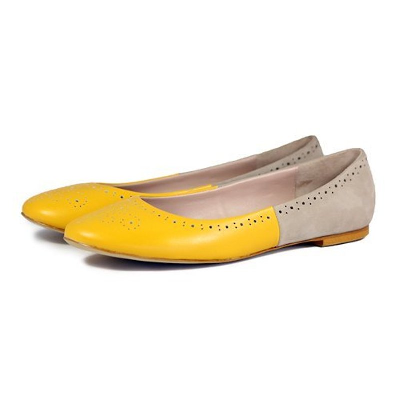 Two-tone Leather Ballet flats Brogue W1042A Gold Sand - Mary Jane Shoes & Ballet Shoes - Genuine Leather Yellow