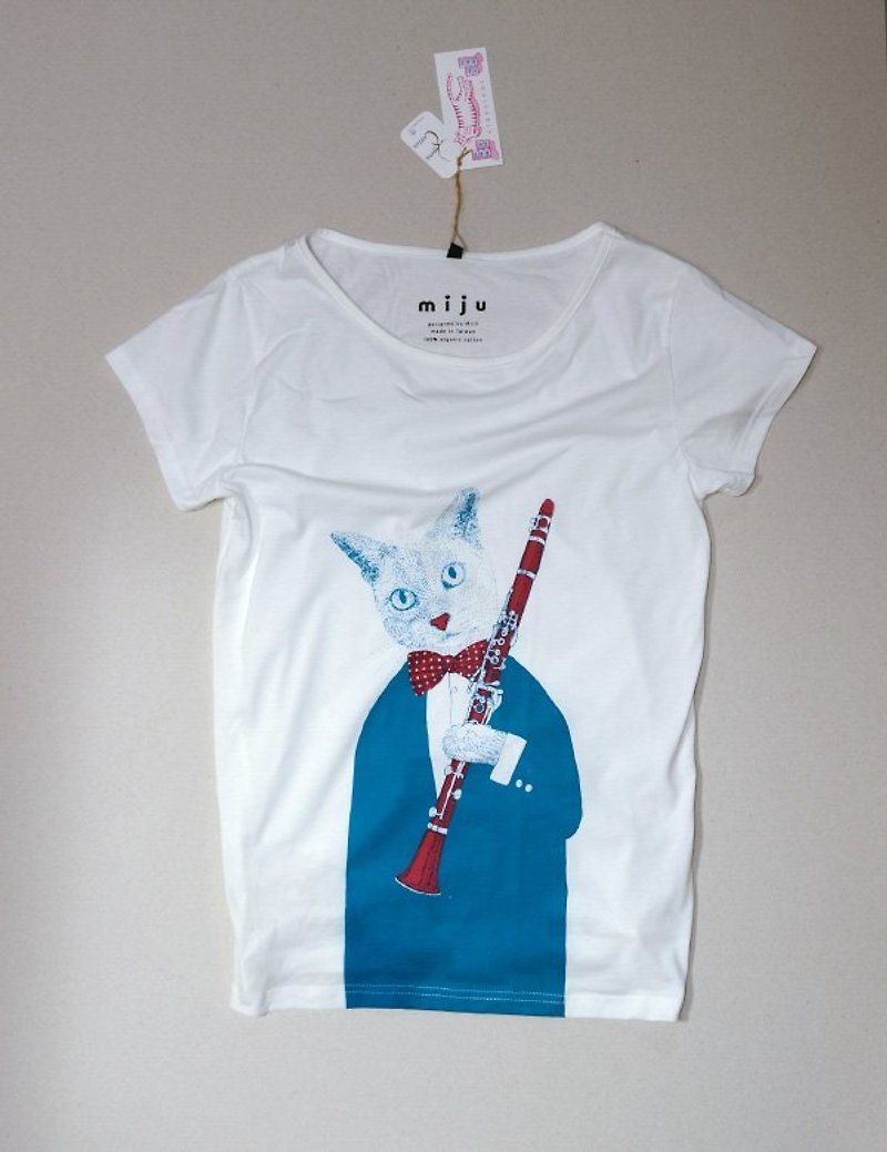 猫クラリネットTシャツ（青緑+ピンク） - Tシャツ - コットン・麻 ブルー