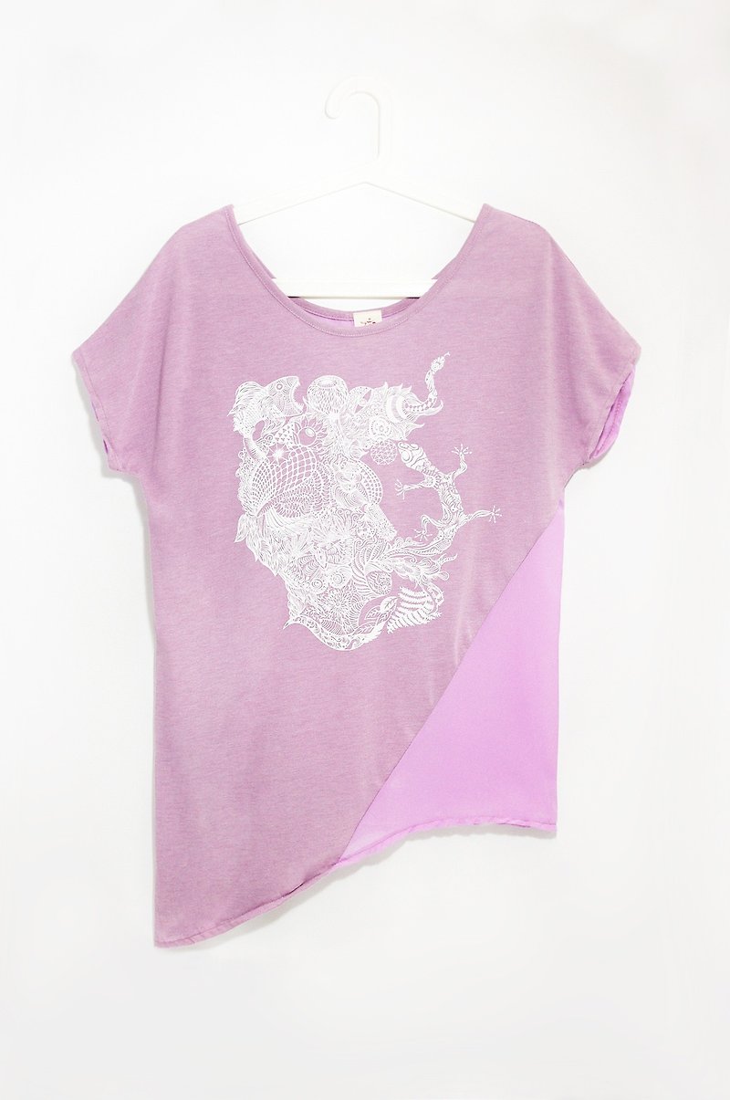 Personality irregular chiffon blouses stitching design - the mind map series travel memories face (Purple Rose) - Women's Tops - Cotton & Hemp Purple