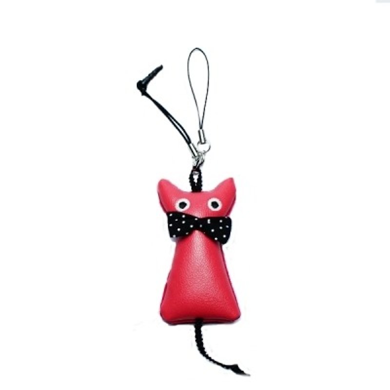 Noafamily, cat luminous Noah phone charm with bow_PK (J438-PK) - พวงกุญแจ - หนังแท้ สีแดง