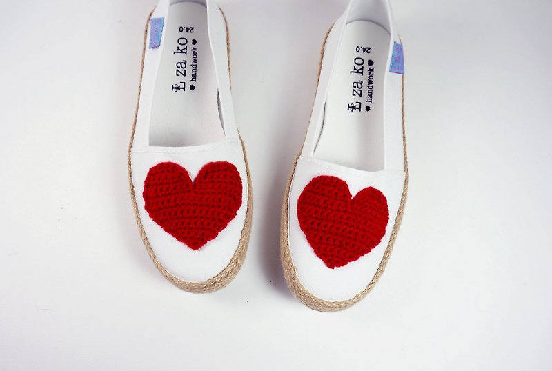 Canvas hand made shoes, love, weaving - รองเท้าลำลองผู้หญิง - ผ้าฝ้าย/ผ้าลินิน สีแดง