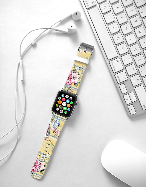 Freshion Apple Watch Series 1 , Series 2, Series 3 - Apple Watch 真皮手錶帶，適用於Apple Watch 及 Apple Watch Sport - Freshion 香港原創設計師品牌 - 粉黃色玫瑰花紋