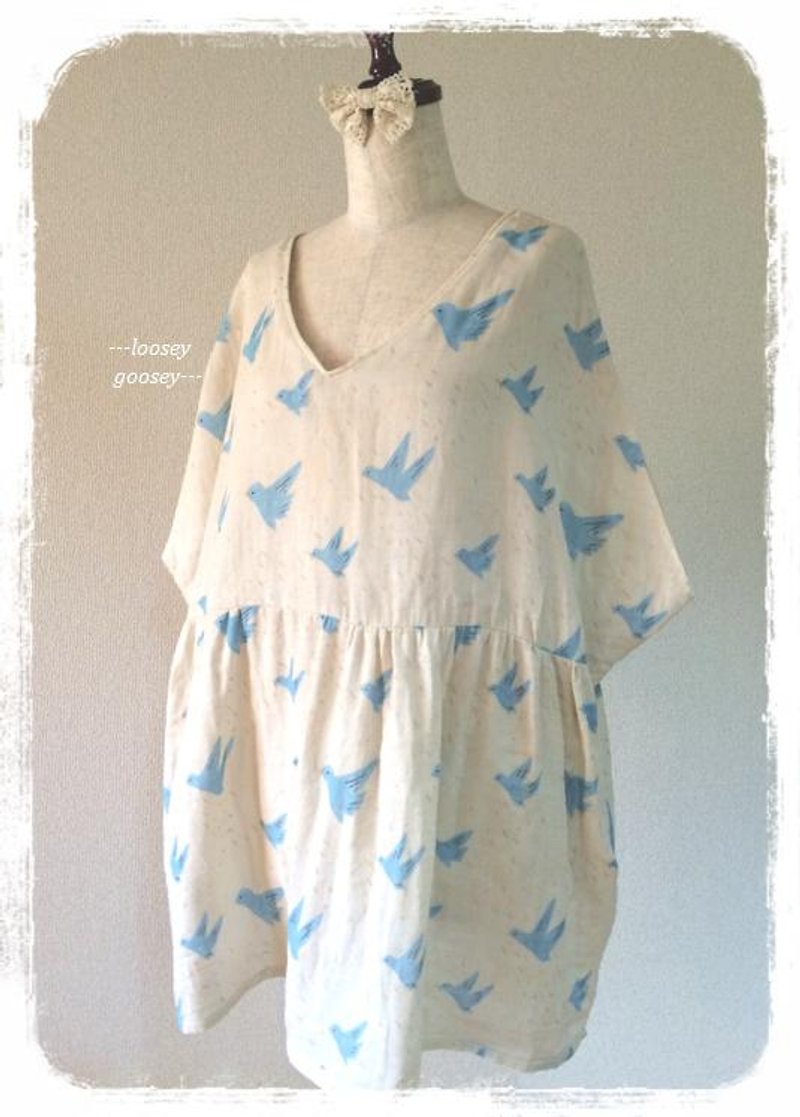 Birds drifting in the sky. Double gauze tunic dress: Ivory - One Piece Dresses - Cotton & Hemp 