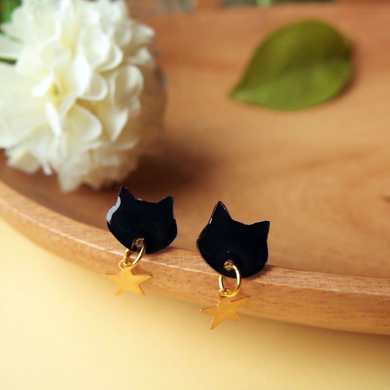 Meow - star and black cat earrings - ต่างหู - พลาสติก สีดำ