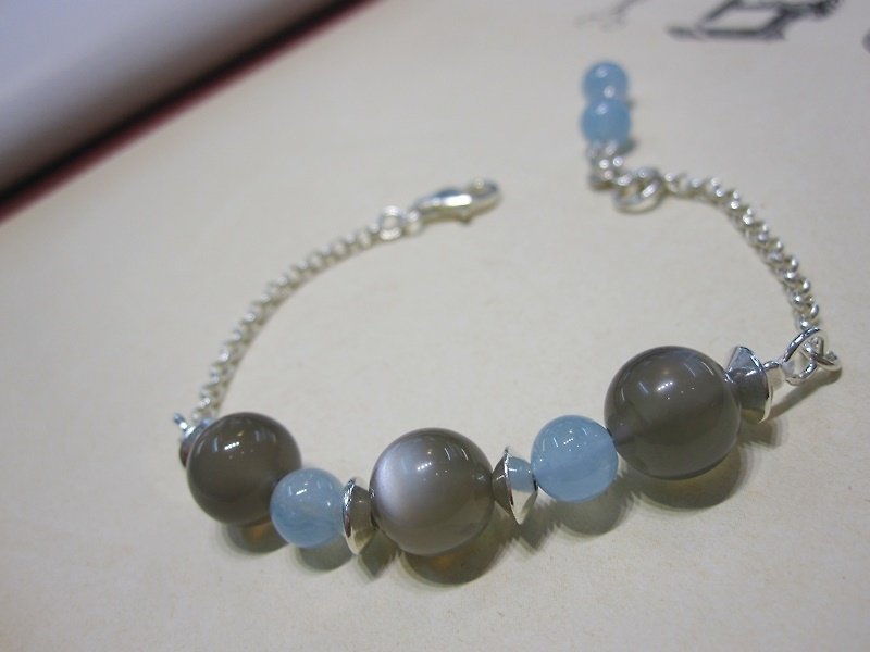 "Not Like the moon" - all natural gray moonstone + Aquamarine 925 sterling silver bracelets natural crystal Hong Kong Design - Bracelets - Gemstone Khaki