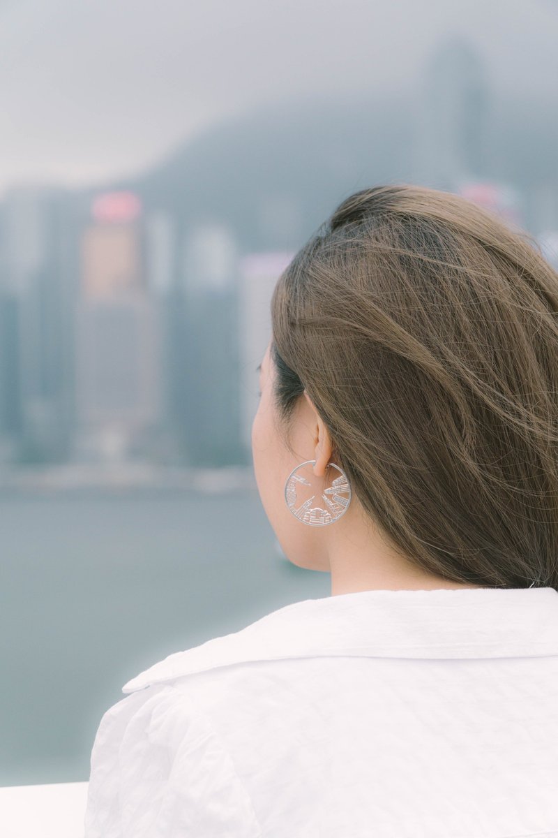 HK064~ 925銀香港維多利亞海港風景耳環 (43mm) - 頸鏈 - 銀 銀色