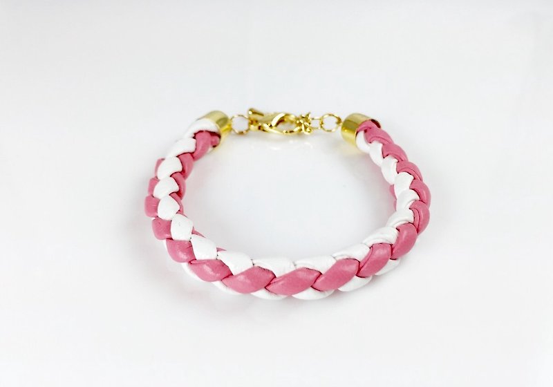【粉白雙色 x 皮繩】 - 手鍊/手環 - 真皮 粉紅色