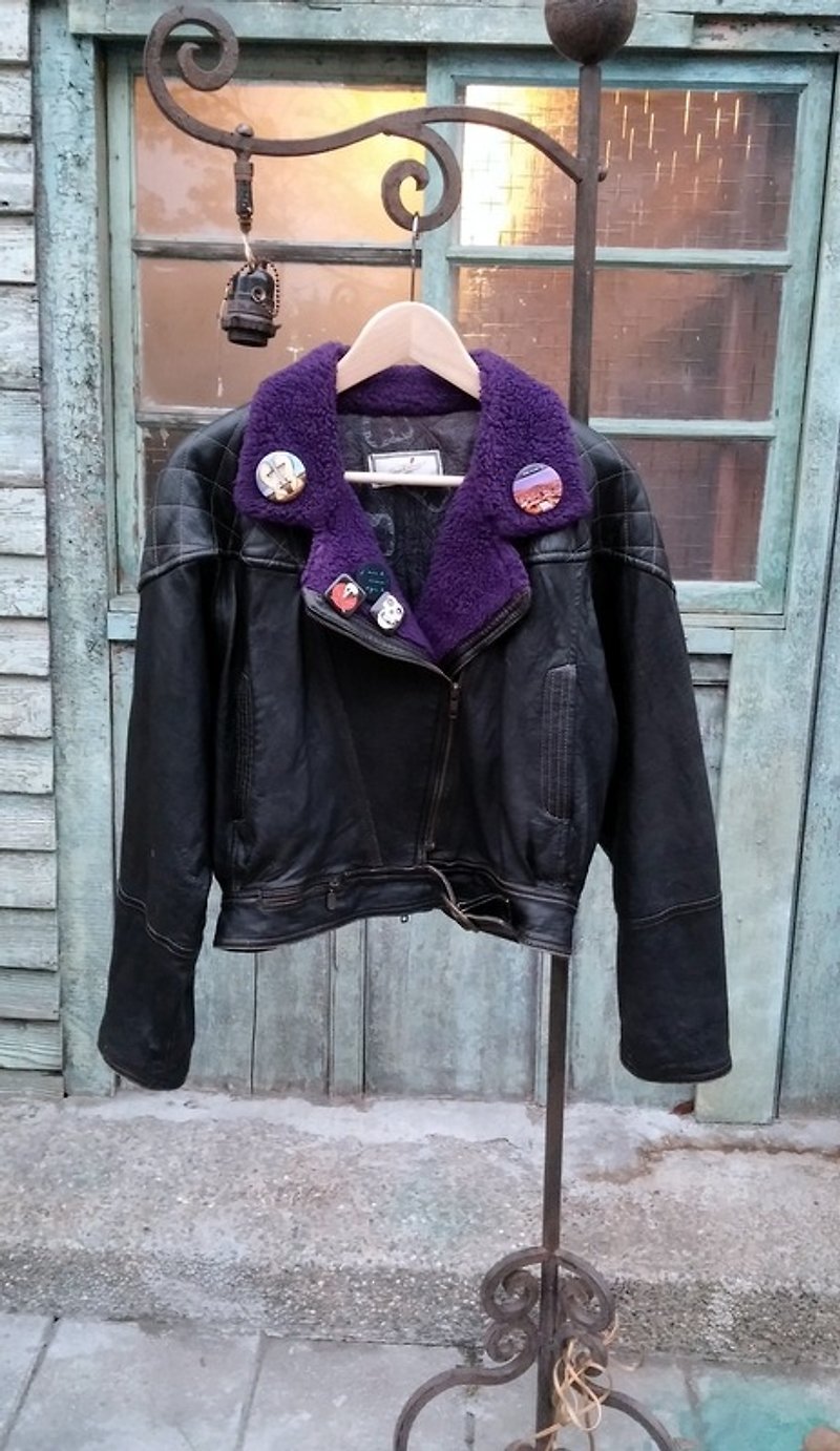 義大利-迷幻搖滾紫毛領短版重機夾克 - 外套/大衣 - 真皮 