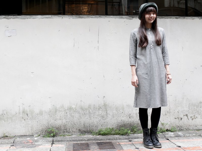 Omake thin long sleeve gray ocean - ชุดเดรส - ผ้าฝ้าย/ผ้าลินิน สีเทา