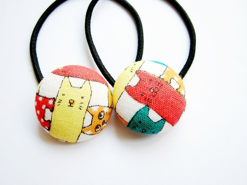 Children's hair accessories hand-made cloth bag button hair bundle hair ring strip cat elastic band hair ring a set of two - เครื่องประดับผม - วัสดุอื่นๆ หลากหลายสี