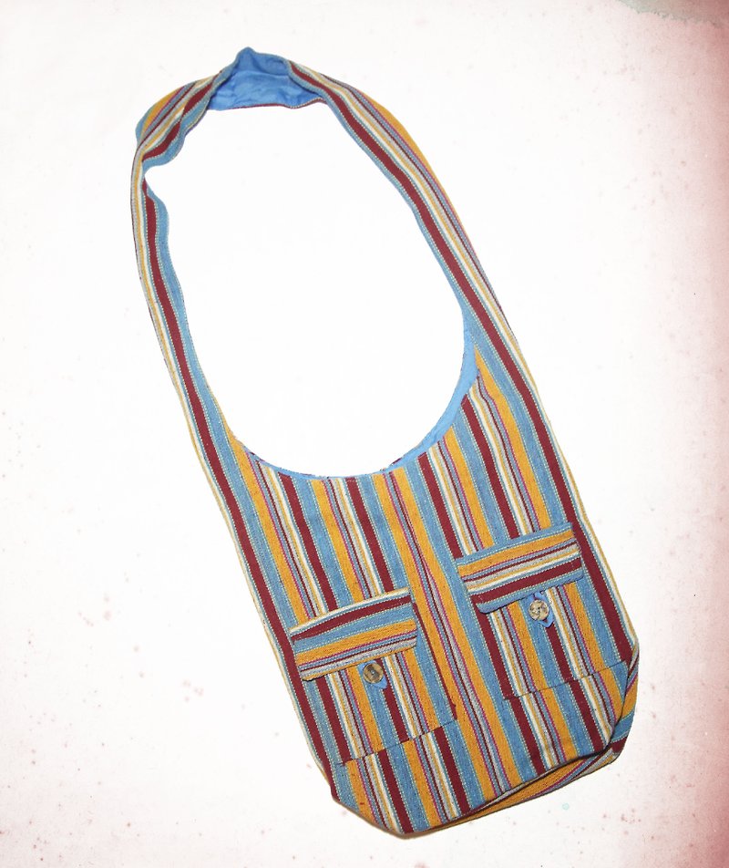 Novice ethnic style cross-body bag-magic blue, red and yellow stripes - กระเป๋าแมสเซนเจอร์ - ผ้าฝ้าย/ผ้าลินิน สีน้ำเงิน