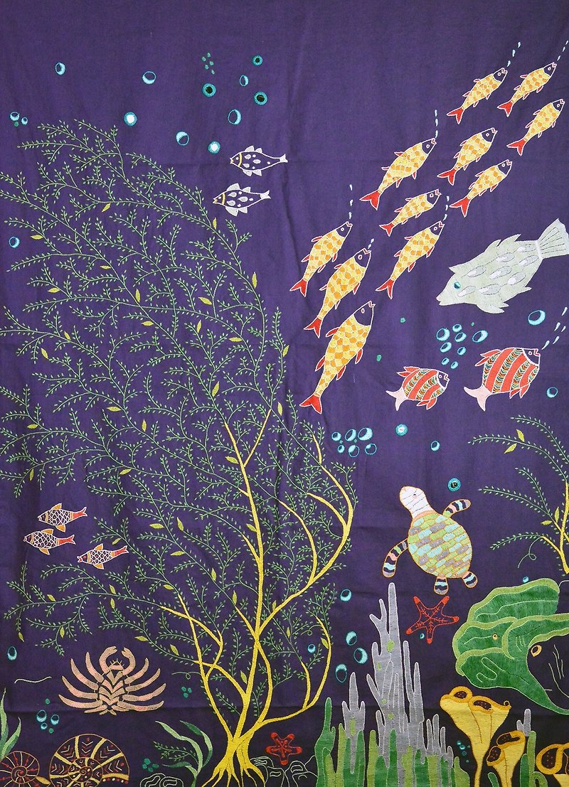 Hand embroidery tree of life_door curtain_deep sea_fair trade - Wall Décor - Cotton & Hemp Multicolor