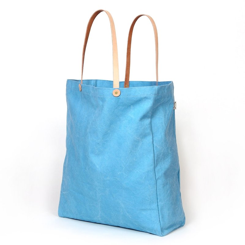 [天藍色長型托特] 帆布袋/托特包/購物袋/真皮背帶/限量品 - 側背包/斜孭袋 - 其他材質 藍色