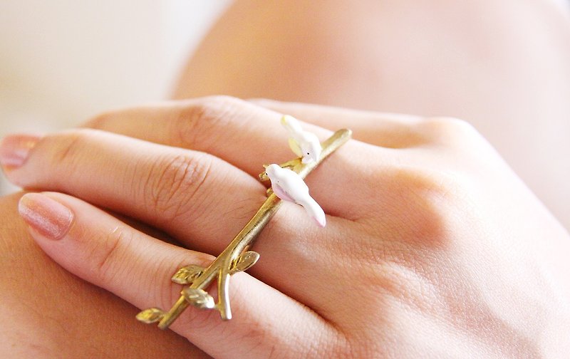 Two Little Birds on Golden Branch Double Ring - General Rings - Other Metals Gold