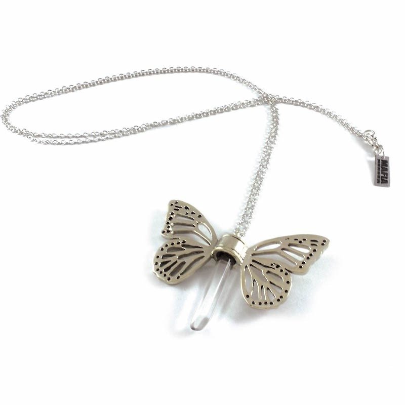 White bronze Butterfly wing pendant with clear raw quartz stone - สร้อยคอ - โลหะ 