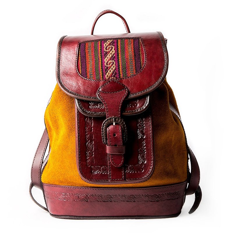 Mochita ethnic style suede backpack mustard yellow - Backpacks - Genuine Leather Orange