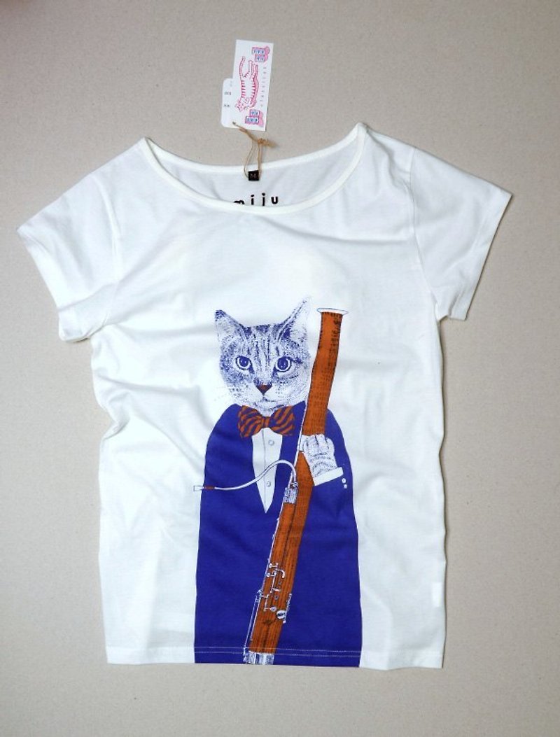 猫ファゴットTシャツ（サファイアブルー+オレンジ） - Tシャツ - コットン・麻 ブルー