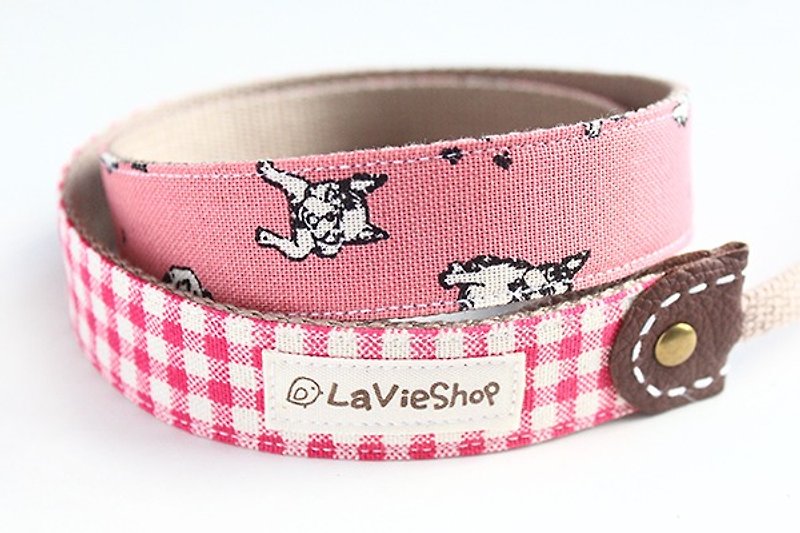 【LaVieShop*Handmade】Check X Cute Dog (Pink) 25mm Handmade Camera strap GF/NEX - กล้อง - วัสดุอื่นๆ สึชมพู
