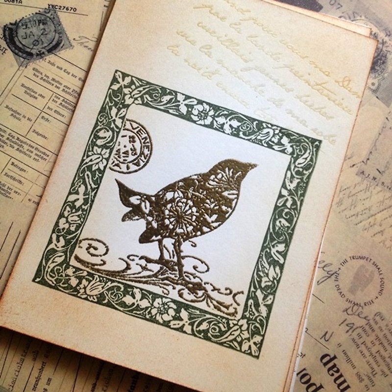 Apu橡皮章手工盖印明信片 燙金浮雕粉復古鳥剪影 - 心意卡/卡片 - 紙 