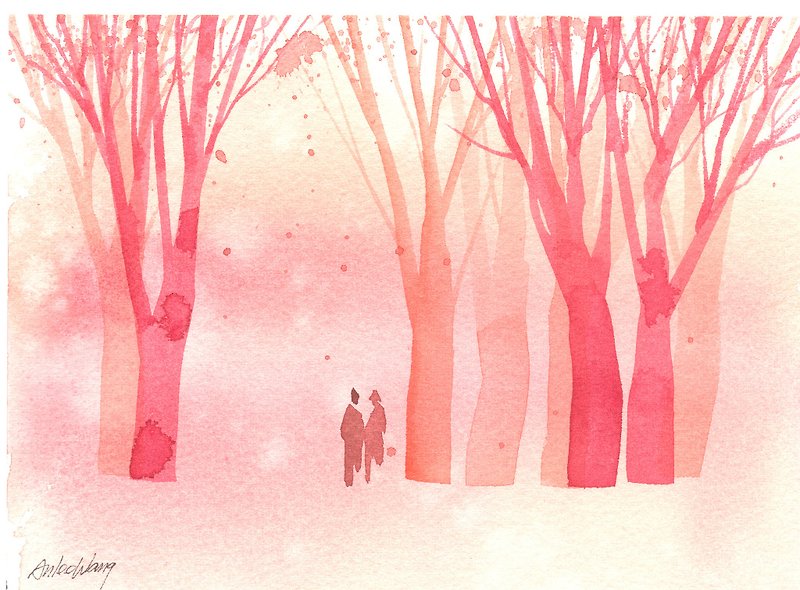 「療癒系樹林系列1-8」水彩手繪限量版明信片/賀卡 - 心意卡/卡片 - 紙 紅色