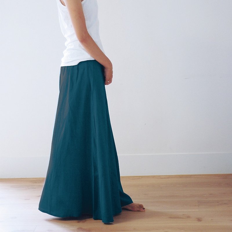 Handmade cotton wide swing Skirt - blue and green - กางเกงขายาว - ผ้าฝ้าย/ผ้าลินิน สีเขียว