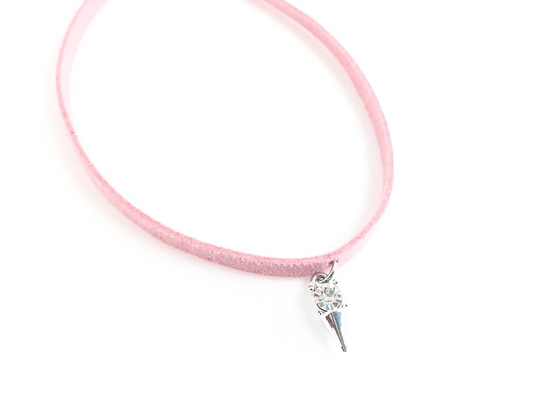 D nail diamond silver - pale pink suede necklace section - สร้อยคอ - หนังแท้ สึชมพู