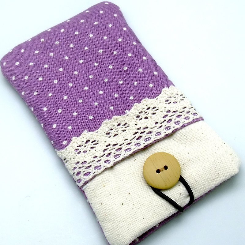 客製化電話包 手機袋 手機保護布套 - 紫底白水玉 (P-43) - 手機殼/手機套 - 棉．麻 紫色