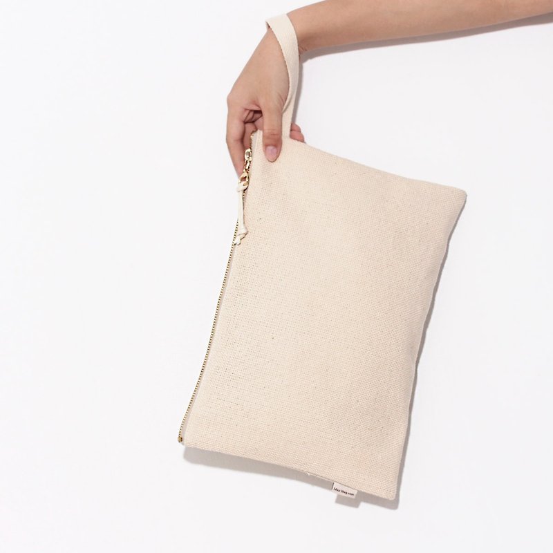 A4 Mini Handle Bag Storage Bag - Original Color Wristband - กระเป๋าคลัทช์ - ผ้าฝ้าย/ผ้าลินิน ขาว
