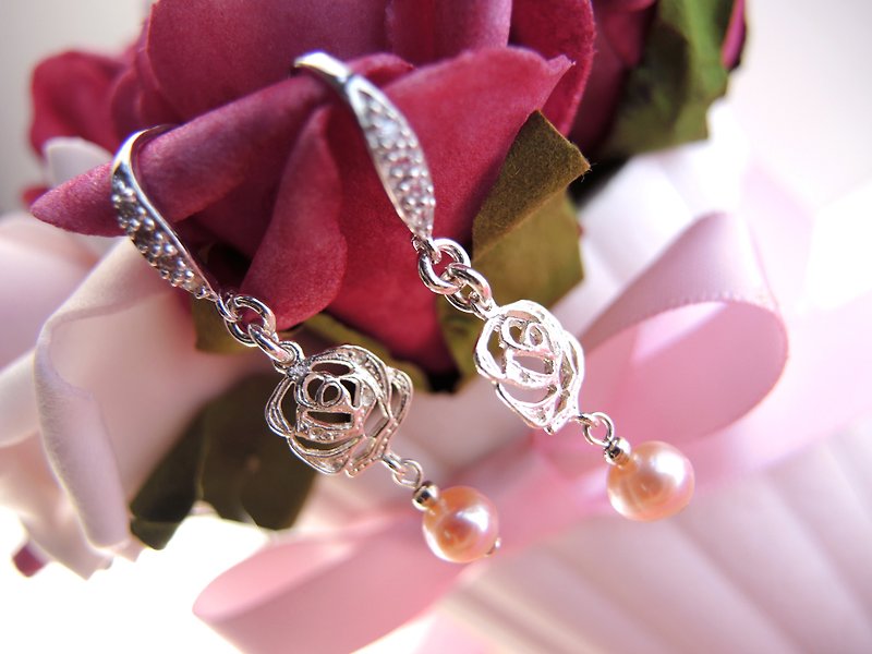 "Venus" phantom pink pearl series-gorgeous rose earrings - ต่างหู - เครื่องเพชรพลอย สึชมพู