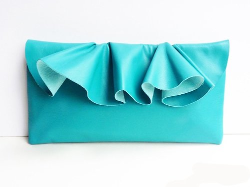 Ostara Leather Ruffle Clutch bag(S-size) in Jade by Vicki From Europe