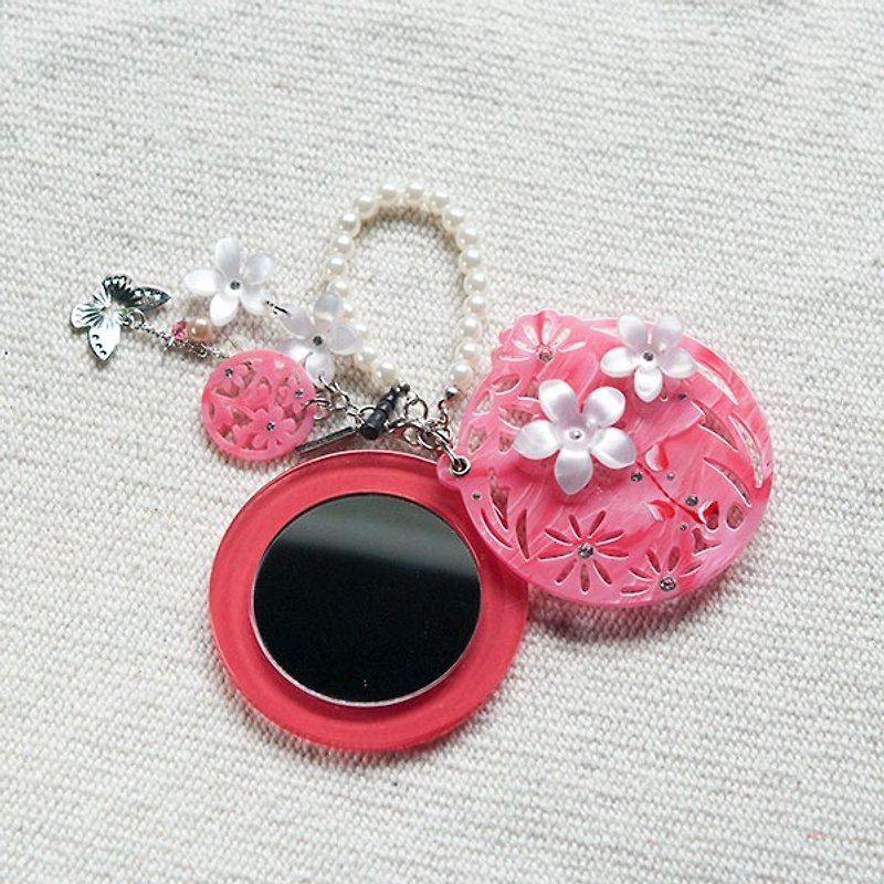 Diamond flower painting, mirror, mobile phone strap, key ring - pink - พวงกุญแจ - อะคริลิค สึชมพู