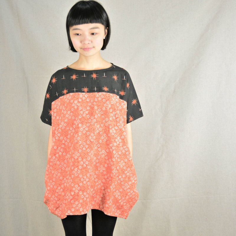 Woodcut + ikat weave peach red tunic _ _ fair trade - ชุดเดรส - ผ้าฝ้าย/ผ้าลินิน สีแดง