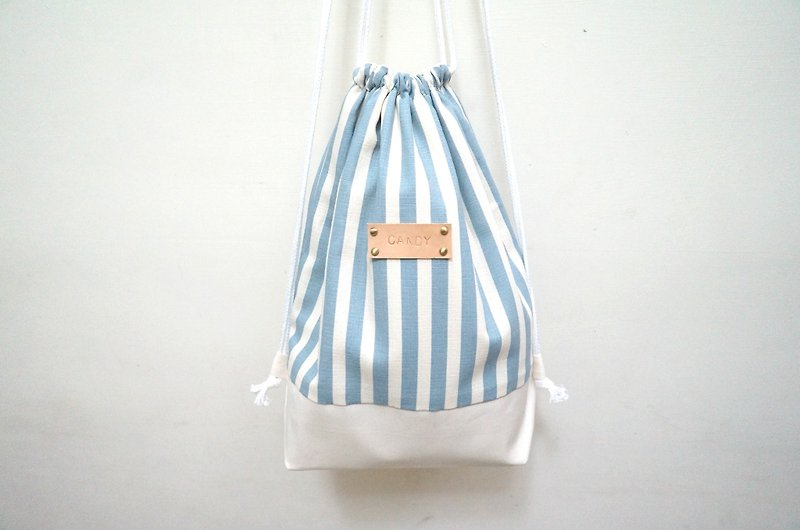 Pink Blue Wen Feng Stripe Series (Bundle Back Bag) / Free Print Name Leather Label - กระเป๋าหูรูด - วัสดุอื่นๆ สีน้ำเงิน